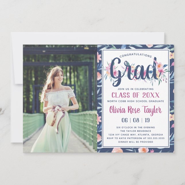 Graduation Party Invitation, Floral Invitation (Front)