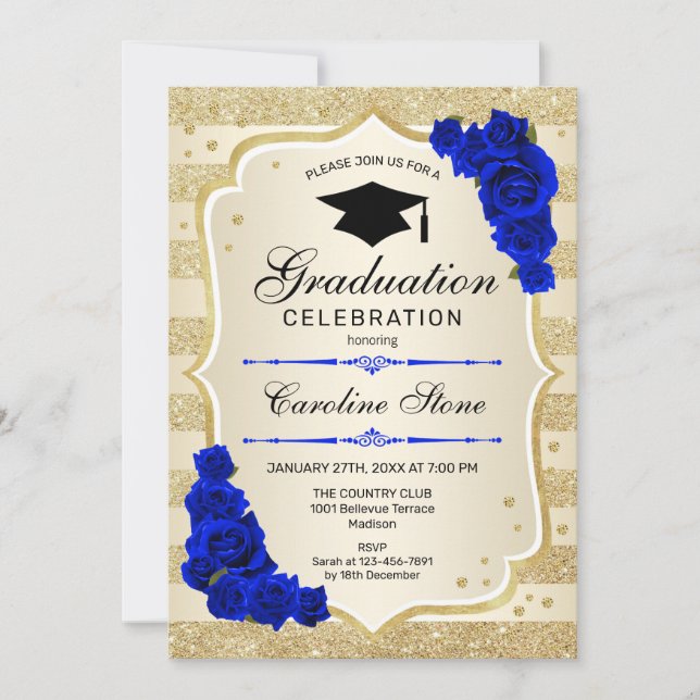 Graduation Party Invitation - Gold Royal Blue (Front)