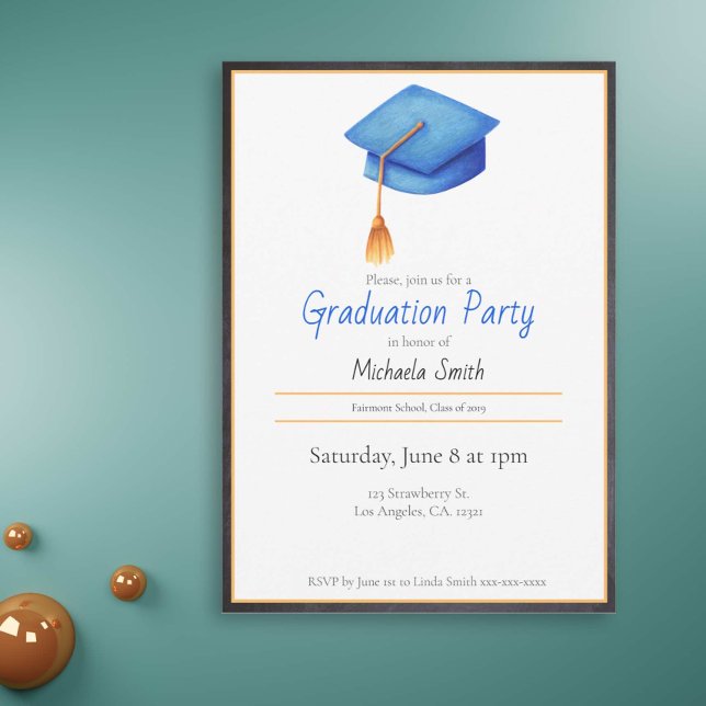 Graduation party invitation with a blue cap (Creator Uploaded)