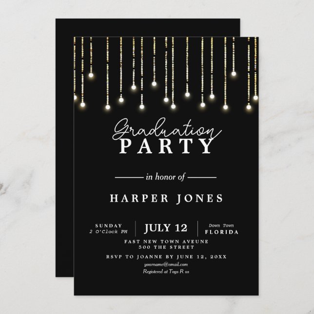 graduation party invite black and gold birthday (Front/Back)