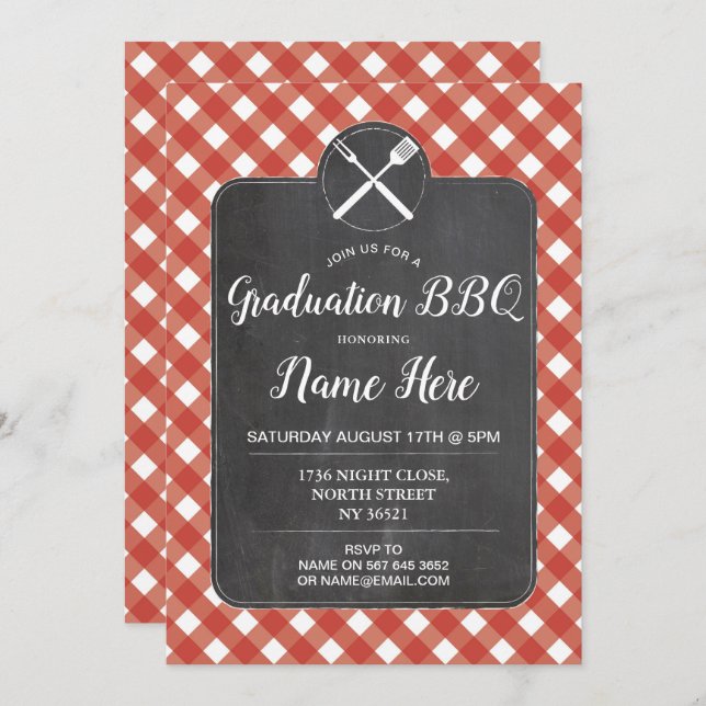 Graduation Party Invite Red Gingham BBQ Chalk (Front/Back)