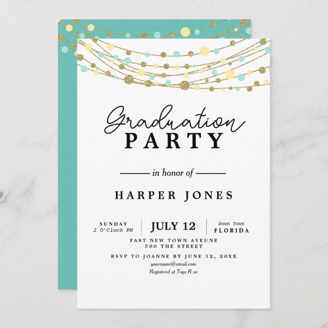 graduation party invite tteal and gold birthday (Front/Back)