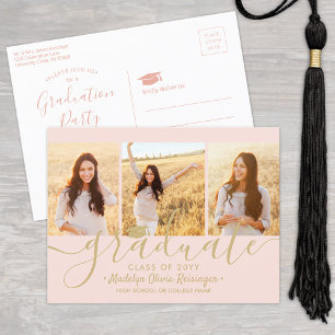 Graduation Party Modern Blush Pink & Gold 3 Photo Invitation Postcard