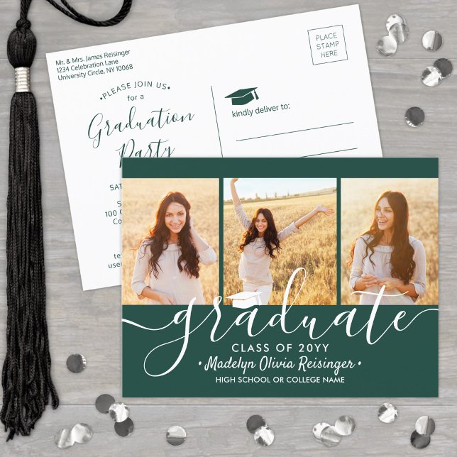 Graduation Party Modern Dark Green & White 3 Photo Invitation Postcard (Creator Uploaded)