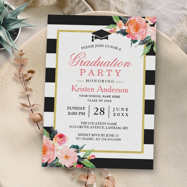 Graduation Party Modern Floral Black Stripes Invitation (Creator Uploaded)