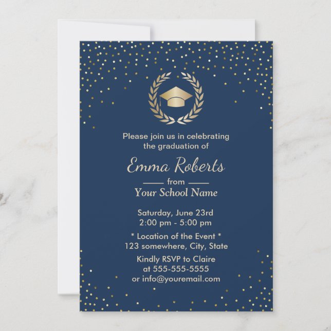 Graduation Party Modern Gold Confetti Navy Blue Invitation (Front)