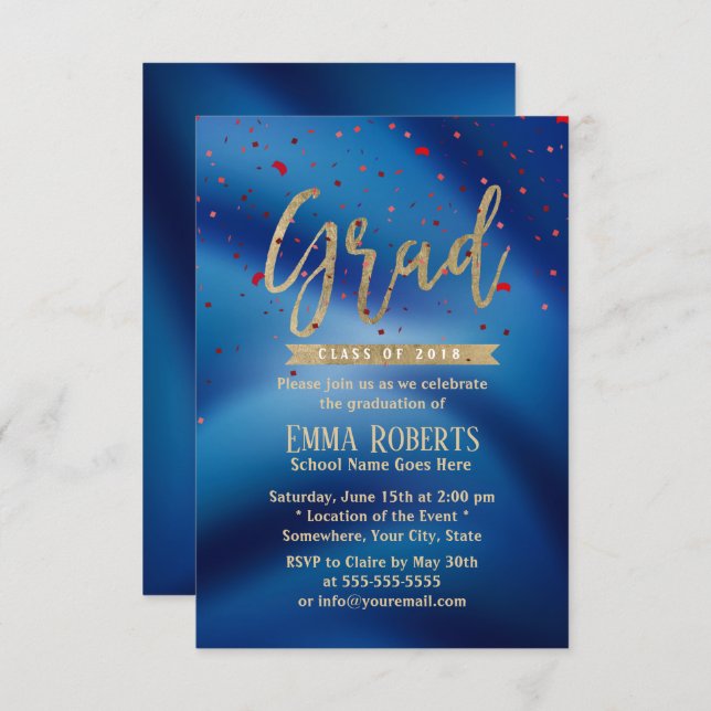 Graduation Party Modern Gold Script Navy Blue Invitation (Front/Back)