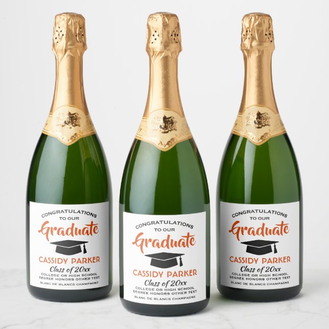 Graduation Party Modern Orange White and Black Sparkling Wine Label (Bottles)