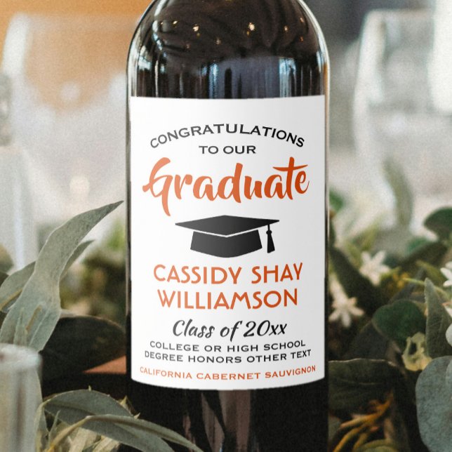 Graduation Party Modern Orange White and Black Wine Label (Creator Uploaded)
