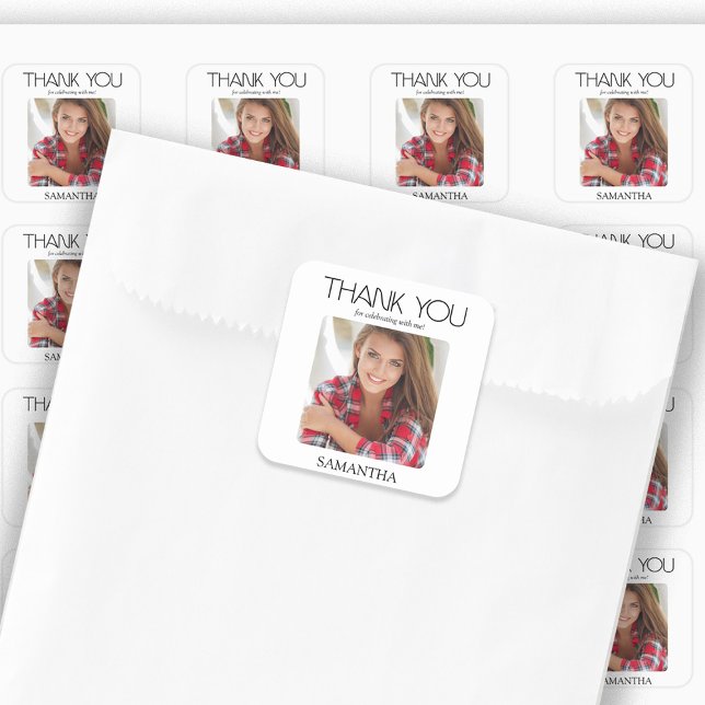 Graduation Party Modern Photo Thank You Square Sticker (Graduation party "Thank you" photo stickers. Perfect for envelope seals or guest favor bag seals.)