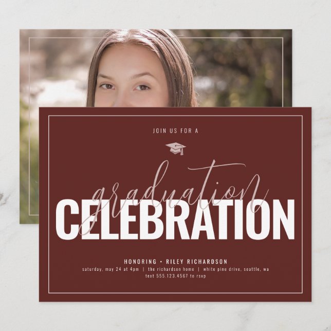 Graduation Party Modern Red Photo Invitation (Front/Back)