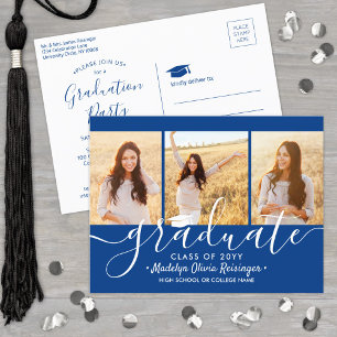 Graduation Party Modern Royal Blue & White 3 Photo Invitation Postcard