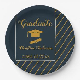 graduation party mustard and navy typography paper plate