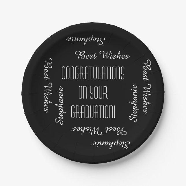 Graduation Party Name Black n White Simple Paper Plate (Front)