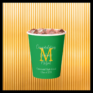 Graduation Party Name Green White Gold Monogram  Paper Cups