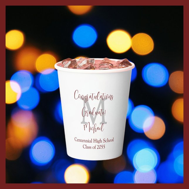Graduation Party Name Grey Monogram Burgundy White Paper Cups (Creator Uploaded)