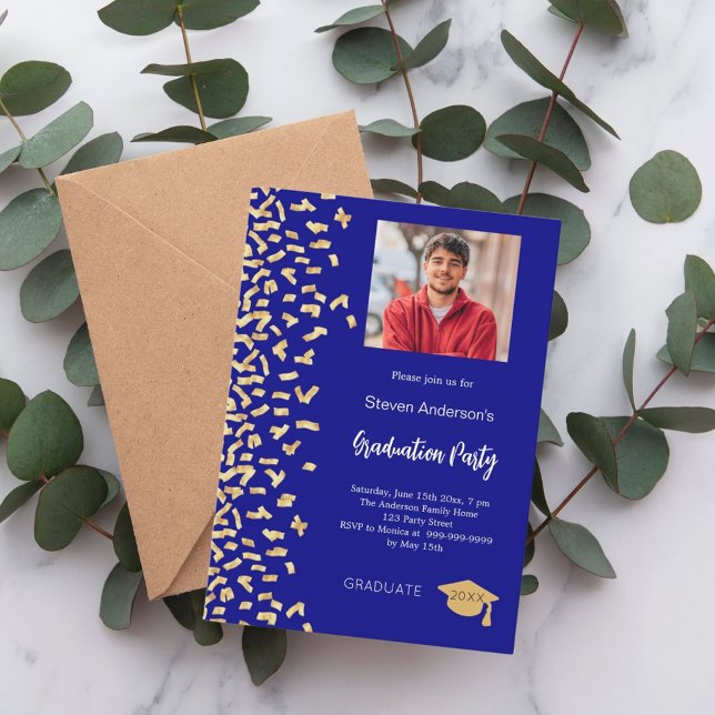Graduation party navy blue gold confetti photo invitation (Creator Uploaded)