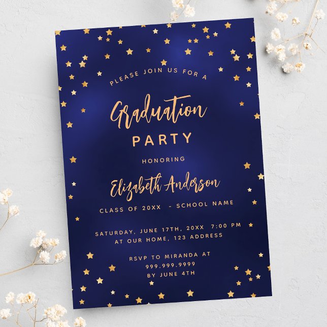 Graduation party navy blue gold stars invitation (Creator Uploaded)