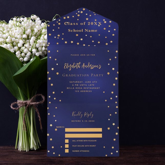 Graduation party navy blue gold stars RSVP All In One Invitation (Creator Uploaded)