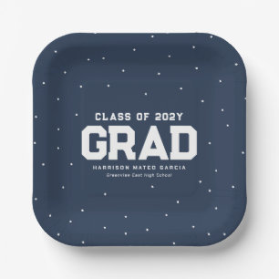Graduation party navy blue grad name year paper plate