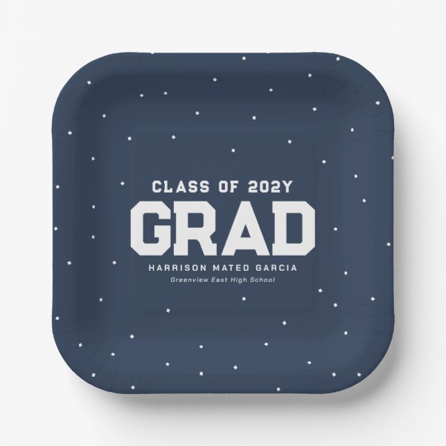 Graduation party navy blue grad name year paper plate (Front)