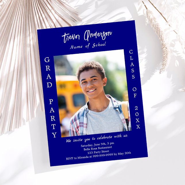 Graduation party navy blue white photo invitation (Creator Uploaded)