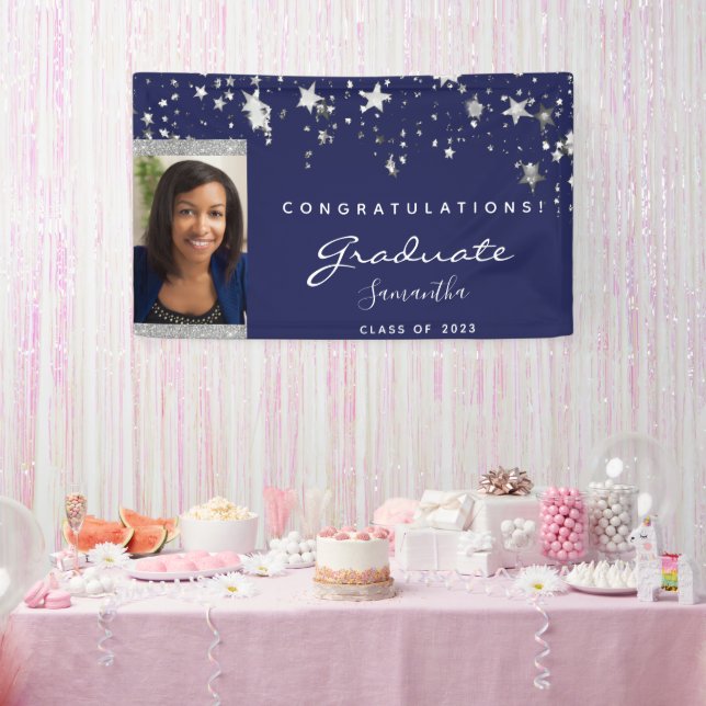 Graduation party navy blue white stars photo 2025 banner (Party)