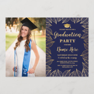 Graduation Party Navy Gold Leaf Fall Autumn Photo Invitation