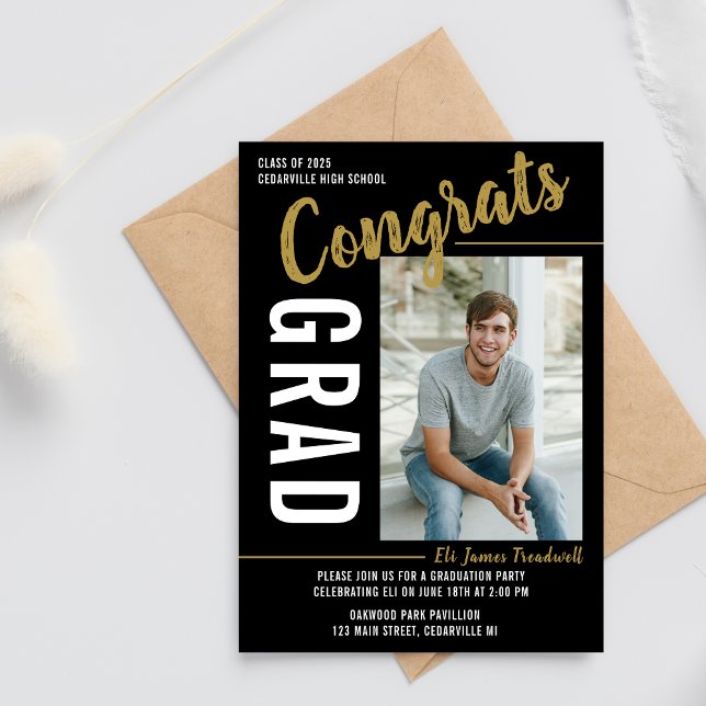 Graduation Party Open House 2025 Photo Gold Black Invitation (Creator Uploaded)