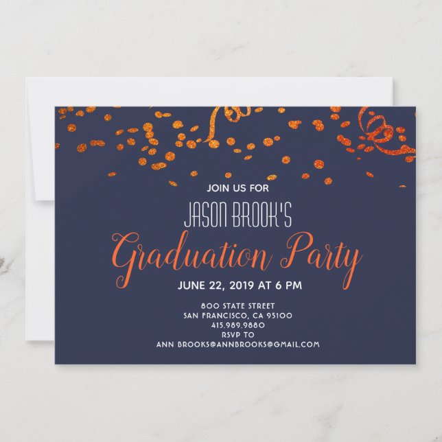 Graduation Party Orange Gold Confetti Black Invitation (Front)