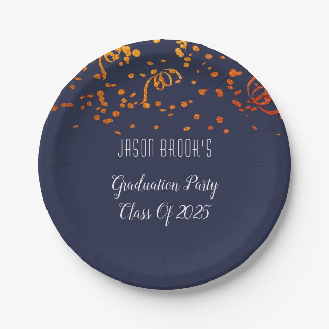 Graduation Party Orange Gold Confetti On Black Pap Paper Plate (Front)
