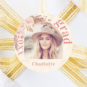 Graduation party pampas grass blush florals photo classic round sticker