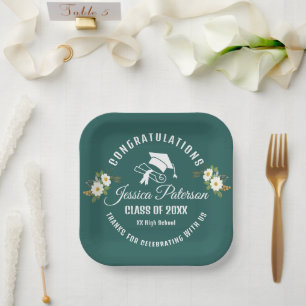Graduation Party Personalised Name Floral Green Paper Plate