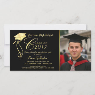 Graduation Party Photo Invitation Black & Gold Cap