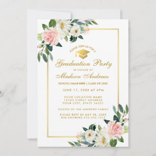 Graduation Party Pink Floral Gold Invitation