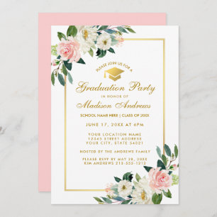 Graduation Party Pink Floral Gold Invitation P