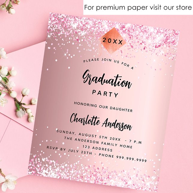 Graduation party pink glitter budget invitation flyer (Creator Uploaded)