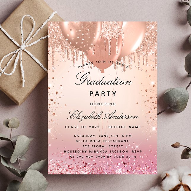 Graduation party pink rose gold balloons invitation postcard (Creator Uploaded)