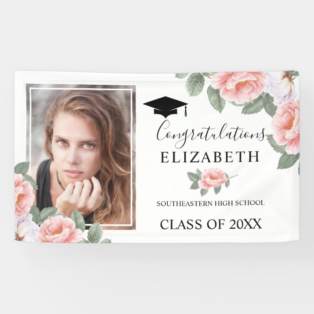 Graduation Party Pink Watercolor Floral Photo Banner (Horizontal)