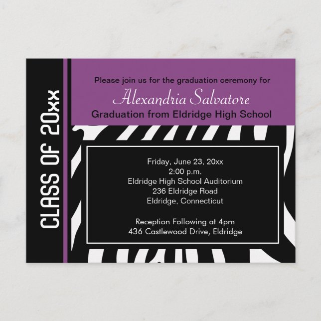 Graduation Party Postcard Zebra Stripe Violet (Front)
