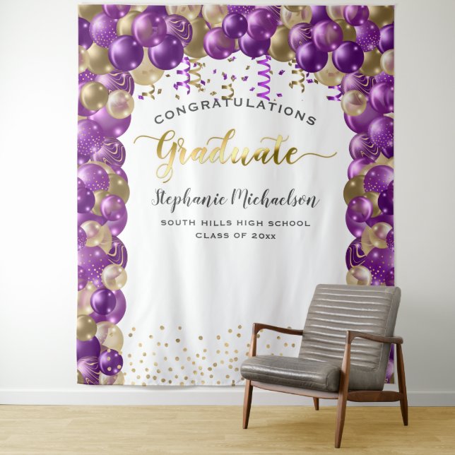 Graduation Party Purple Gold Balloons Streamers Tapestry (In Situ)