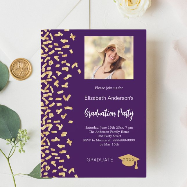 Graduation party purple gold confetti girl photo invitation (Creator Uploaded)
