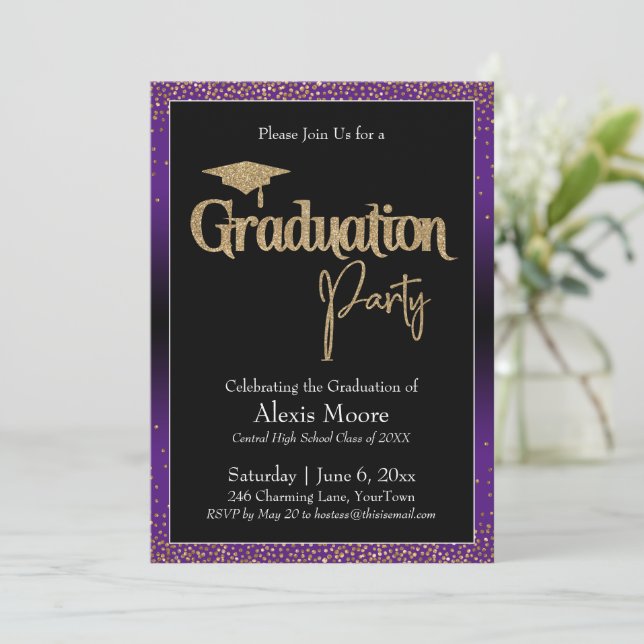Graduation Party Purple Ombre Confetti Invitation (Standing Front)