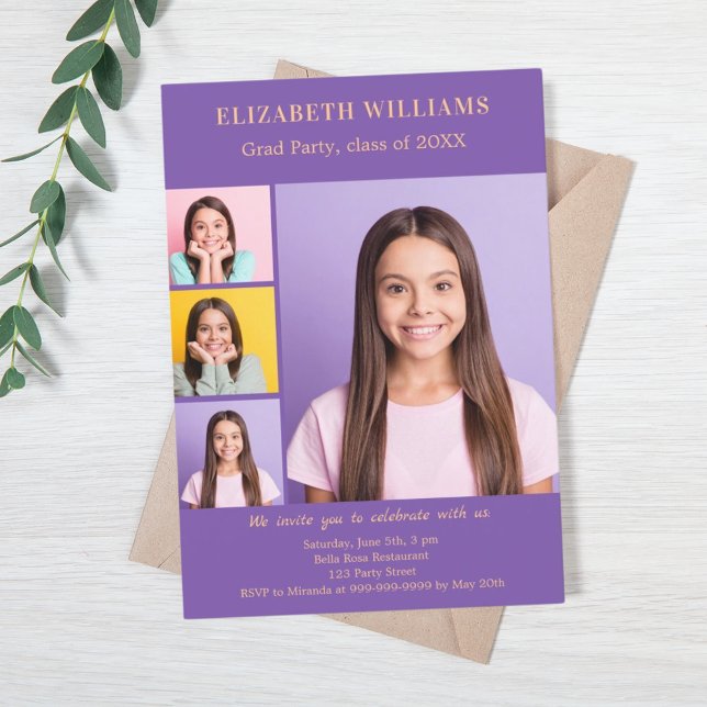 Graduation party purple photo collage invitation (Creator Uploaded)