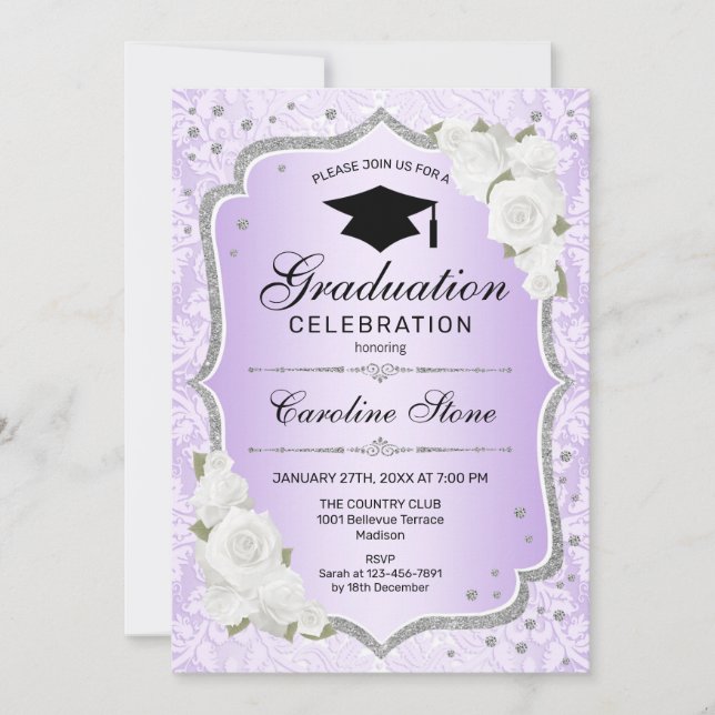 Graduation Party - Purple Silver White Invitation (Front)