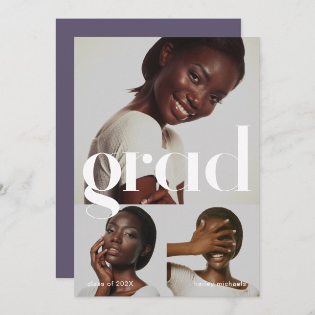 Graduation Party Purple Three Photo Collage  Invitation (Front/Back)