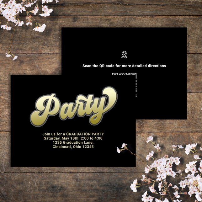Graduation Party QR Code Gold Typography Map Icon Enclosure Card (Graduation black and gold enclosure card with scannable QR Code. )