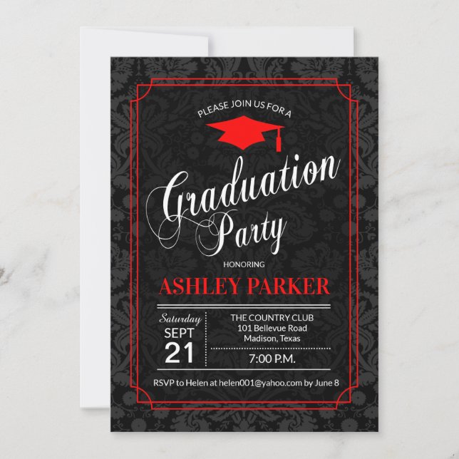 Graduation Party - Red Black White Damask Invitation (Front)