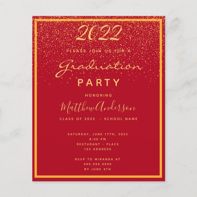 Graduation party red gold budget invitation 2025 flyer (Front)
