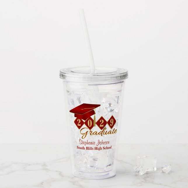 Graduation Party Red & Gold Confetti Acrylic Tumbler (Front Ice)